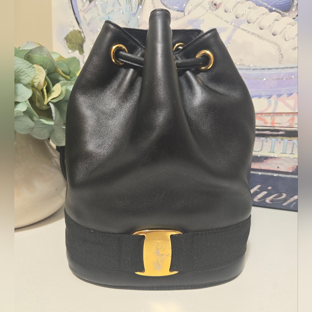 Vintage Salvatore Ferragamo Black Drawstring Leather Backpack - Picture 13 of 13